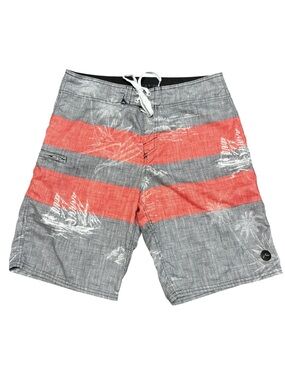 Y2K Rusty Board Shorts Gray & Coral Striped Swim Trunks Men's 34